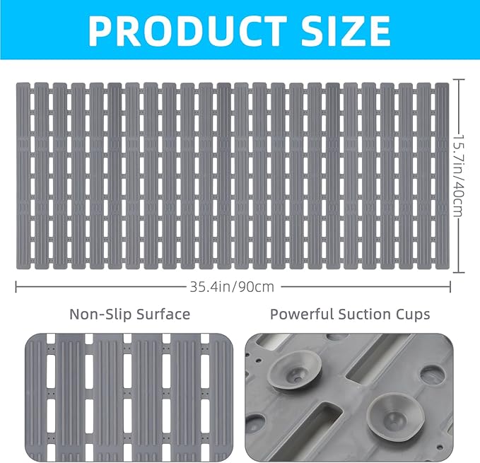 Non Slip Dog Bath Mat for Tub, Quick Drain Pet Bathtub Mat, 35.4 x 15.7 Inch Trimmable Non Slip Shower Pad with Drain Holes and 216 Suction Cups for Pet Bathing, Dog Shower Attachment (Grey L)