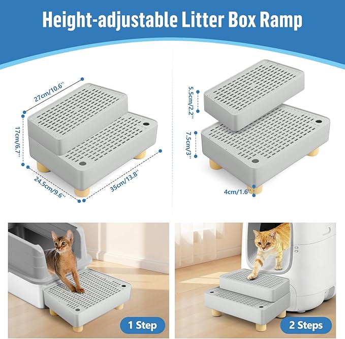 Extra Large 2 Steps Cat Litter Box Step Ramp, Cat Litter Catcher Mat with Wooden Feet, Filter Function, Cat's Pedal Stool for Self-Cleaning Litter, Suitable Kitten & Elderly Cats (Light Grey)
