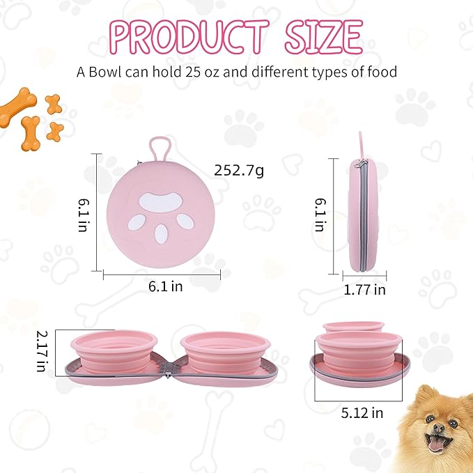 Collapsible Dog Bowls, 2-in-1 Travel Double Bowl Water Food Feeder Portable Pet Traveling Camping & Walking 25oz (Blue Orange)