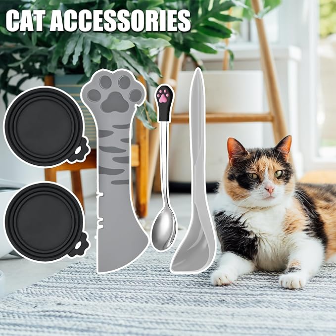 5 Pcs Pet Food Can Supplies Set - Dog and Cat Food Lid, Can Opener, Spoons for Wet Food (Gray Black)