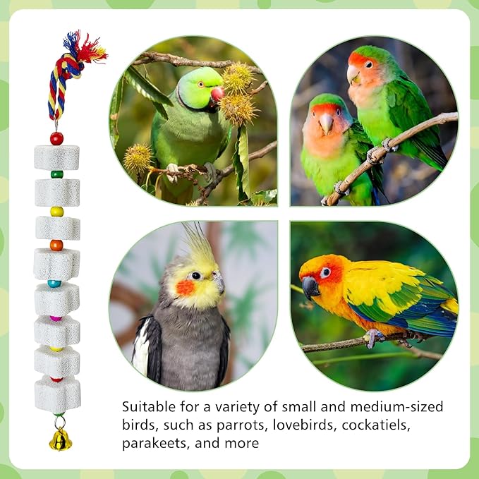 3 Pack Bird Chewing Toy Lava Calcium Bird Beak Grinding Stone with Bell Hanging Parakeet Cage Accessories for Parrot Budgies Hamster Chinchilla Rabbit African Grey