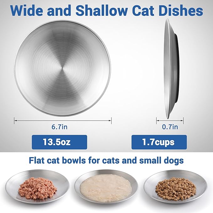Stainless Steel Cat Bowls, Flat Metal Cat Food Bowl Set with Silicone Ring for Non Slip, 6.7" Wide and Shallow Cats Dishes or Plates for Feeding Indoor Cats, Kitten, Small Dogs (Silver-3 Pack)