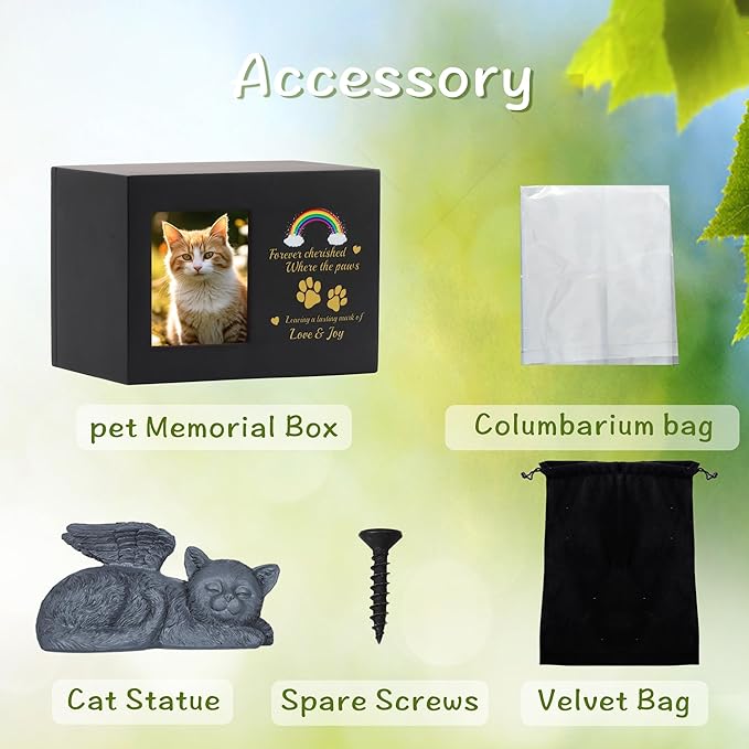 Cat Urns for Ashes, Rainbow Bridge Pattern Black Wooden Keepsake with Photo Frame, Pet Memory Box with Resin Cats Angel Statue and Sealed Storage Bags (Up to 10kg)