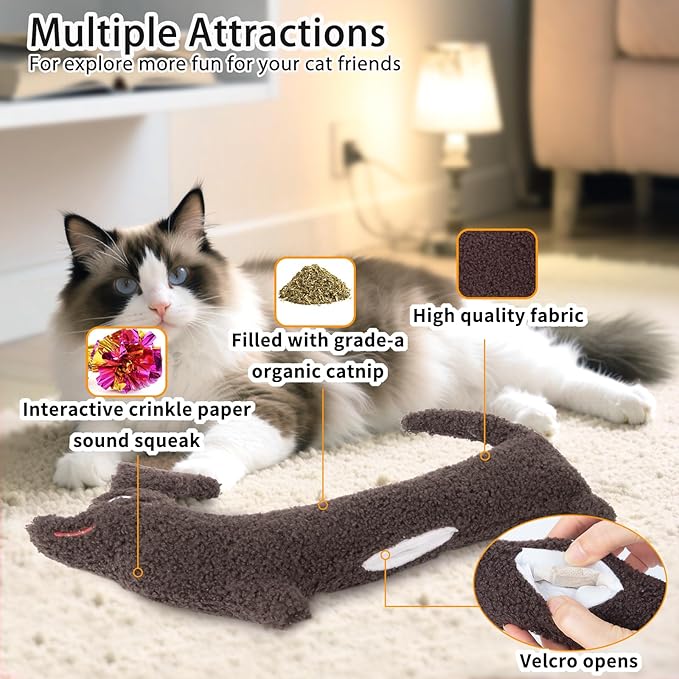 Refillable Cat Kicker Toy with Natural Catnip & Silvervine - 13.77 Inch Long Chew Toy for Indoor Cats, Crinkle Sound & Teeth Cleaning Fun, Interactive Catnip Toy for Kittens & Adult Cats