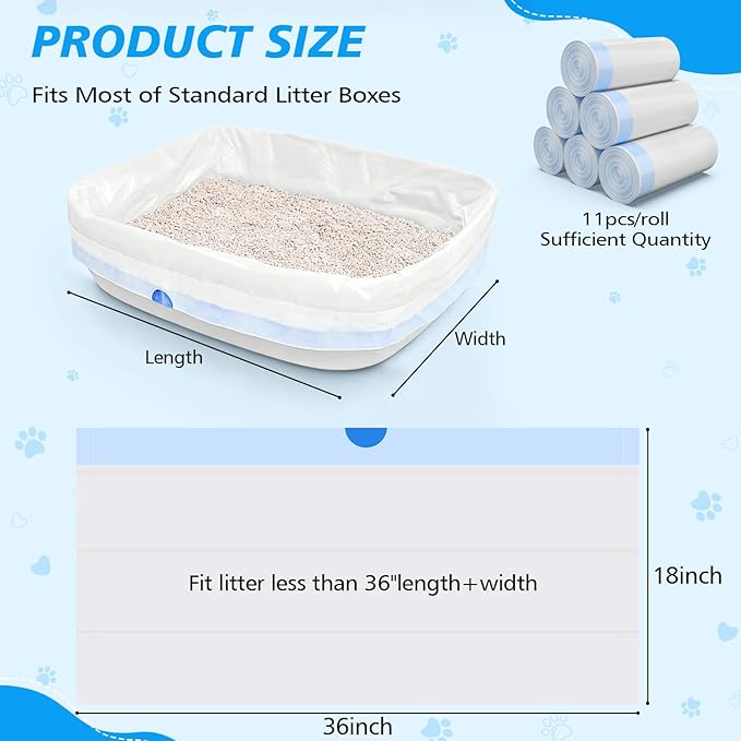 66 Count Jumbo Litter Box Liners 36" X 18",2mil Pre-Separated Cat Litter Bags with Heavy Duty Drawstring,Extra Thick Leakproof Cat Pan Liners for Kitty Box