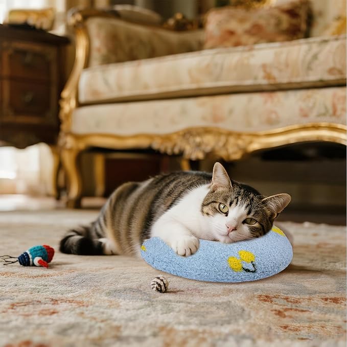 Lystaii Cat Calming Pillow for Indoor Pet Small Dog Calming Pillow Soft Fluffy Cat Bed Dog Neck Toy Half Donut Anxiety Relief Toy with Cute Embroidery Pattern (Light Blue, Cherry)