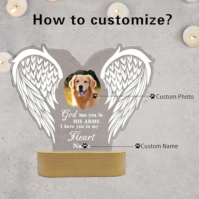 Custom Pet Memorial Night Light Gift Personalized Dog Cat Acrylic Plaque Photo Frame Sympathy Gift Condolence Gifts with Picture Name(Love Wings)