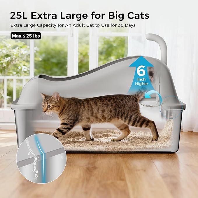 GTPLAYER XL Stainless Steel Cat Litter Box for Big & Multiple Cats, Easy Clean Odor-Resistant Design, High Sided Leak-Proof Litter Box with Mat & Scoop – Dark Grey