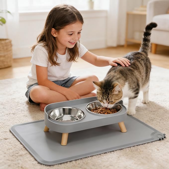 Elevated Cat Bowls with Food Mat, Splash Proof Anti Vomiting Raised Cat Food and Water Bowl Set, 2 Stainless Steel Dishes for Cats and Puppy, Pet Bowl for Indoor Cats Grey