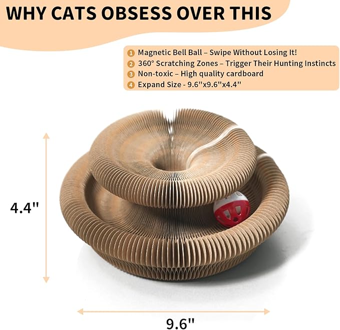 2 Pack Cat Scratcher Toys with Balls Bells, Magic Organ Foldable Cat Scratching Board for Kitten, Interactive Toys for Indoor Outdoor Exercise Anxiety Relief, Auburn