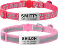 TagME 2 Pack Cat Collar with Name Tag, Personalized Reflective Cat Collar Breakaway with Bell for Boy & Girl Kitten, Pink