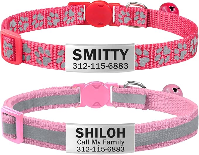 TagME 2 Pack Cat Collar with Name Tag, Personalized Reflective Cat Collar Breakaway with Bell for Boy & Girl Kitten, Pink