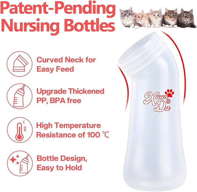 Pet Feeding Bottle,3 Pack Wide Mouth Angled Nursing Bottle, 3 Sizes Nipples with Ventilation Valve Resistant Tearing Perfect for Puppies, Kittens, Small Wildlife(Pink)