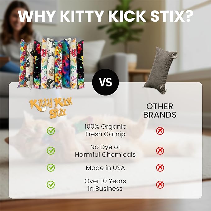 Kitty Kick Stix 15" Original Catnip Kicker Toy (Set of 2), Handmade in USA by Cat Lovers, Interactive Natural Cat & Kitten Toy, Packed with 100% Potent Catnip for All Breeds (15" +6" Combo)