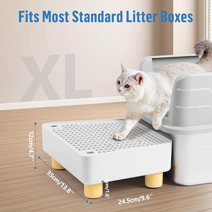 Extra Large Cat Litter Box Step Ramp, Cat's Litter Catcher Mat with Wooden Feet, Filter Function, Pedal Stool for Self-Cleaning Cat Litter Box, Ideal for Kitten & Elderly Cats (White)