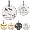 Anavia Floral Pet ID Tag, Birth Month Flowers Theme Dog Round Bone Shape Cat Name, Glossy Stainless Steel Gold Plated Collar Tag (Round - Flower Field - Silver, Small)