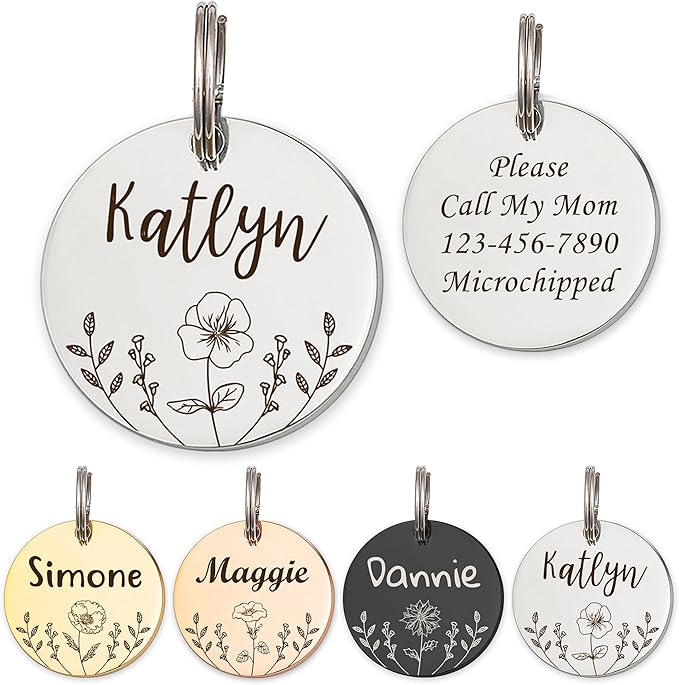 Anavia Floral Pet ID Tags, Birth Month Flowers Theme Dog Tag Round Bone Shape Cat Name Tag, Glossy Stainless Steel Gold Plated Dog Collar Tag (Round - Flower Field - Silver, Medium)