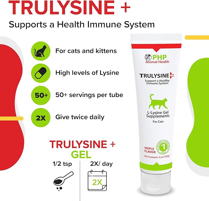 Trulysine Viralysine L-Lysine Gel Supplement for Cats, 5oz - Cats & Kittens of All Ages - Immune Health - Sneezing, Runny Nose, Squinting, Watery Eyes - Palatable Maple Flavor