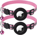 2 Pack Airtag Cat Collar with Bell, Reflective Nylon Kitten Collar with Apple Air Tag Holder and Breakaway Safety Buckle for Puppy Girl Boy Cats, 3/8" in Width and Lightweight, Pink