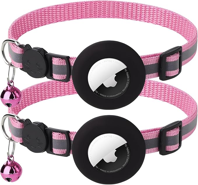 2 Pack Airtag Cat Collar with Bell, Reflective Nylon Kitten Collar with Apple Air Tag Holder and Breakaway Safety Buckle for Puppy Girl Boy Cats, 3/8" in Width and Lightweight, Pink