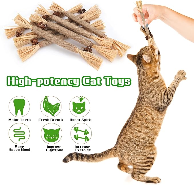 Interactive Cat Catnip Chew Toys, Natural Silvervine Teething Sticks, Jute Rope Wrapped Dental Care with Raffia Tassels (3Pcs Tiny)
