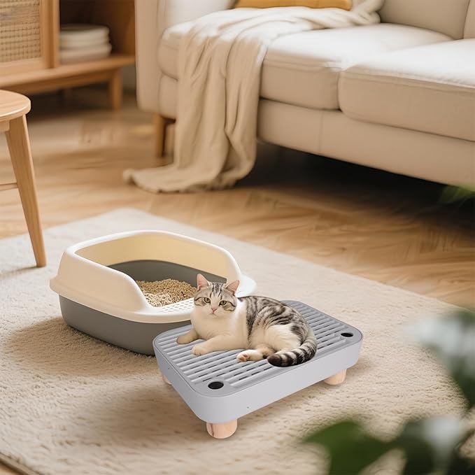 Cat Ramp Litter Box Step, Small Senior Cat Litter Box Mats Ramp for Floor with Wooden Base, Low Entry Cute Cats Food Mat Stairs Prevent Tracking, Silicone Small Litter Boxes Shield Catcher Mat Grey