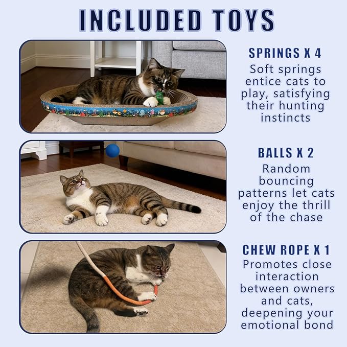 2PCS Large Cat Cardboard Scratcher with Toys, Oval 21.7" x 14.9" Kitty Scratching Board for Indoor Kitten Play Scratch Bed Sofa Furniture Protector