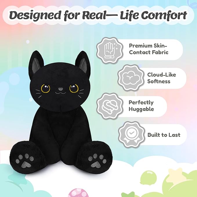 BRICHOEE Weighted Stuffed Animals, 5lbs Black Cat Plush Calming Weighted Black Cat Stuffed Animals, Cute Plush Toy Sensory Plushie Pillow Birthday Gifts for Adults Baby Kids Boys Girls