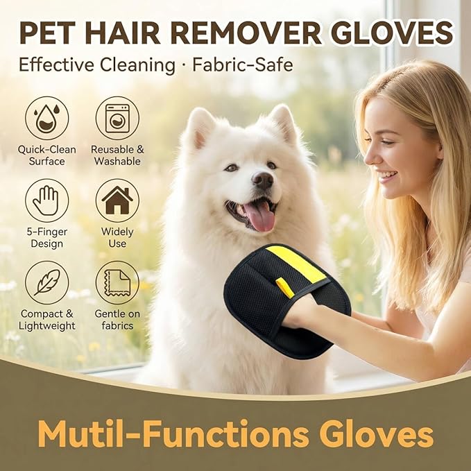 Electrostatic Pet Hair Removal Gloves for Cats & Dogs–Upgraded Reusable Magic Brush Tool for Quick Wiping on Couch, Carpet, Laundry, Car Seat & Pet Beds(2PC-Yellow