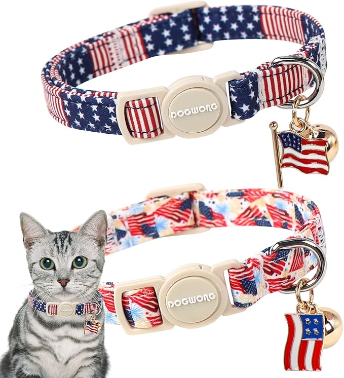 2 Pack American Flag Cat Collars Breakaway with Bell, DOGWONG Safety Buckle Independence Patriotic Cute Cat Collar for Girl Boy Cats，Adjustable 7-12 Inch