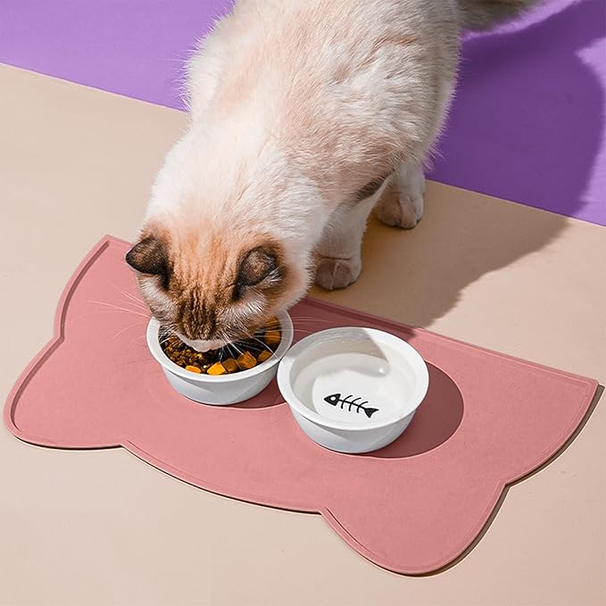 Cat Food Mat, Silicone Non Slip Dog Bowl Mat Waterproof Cat Feeding Mat Stop Food Spills and Water Messes Out to Floor Pet Food Mat (Coral Pink, 20" x 12")