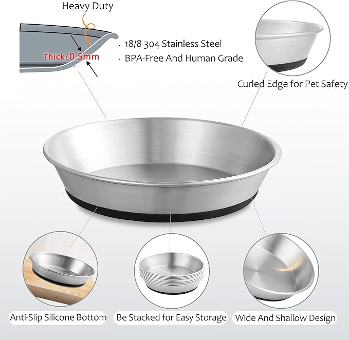 Stainless Steel Cat Bowls,Whisker Friendly Shallow Cat Dishes for Food and Water,Non-Slip Silicone Bottom,Heavy Duty,Replacement Kitten Metal Plate for Elevated Stands,2 Pack