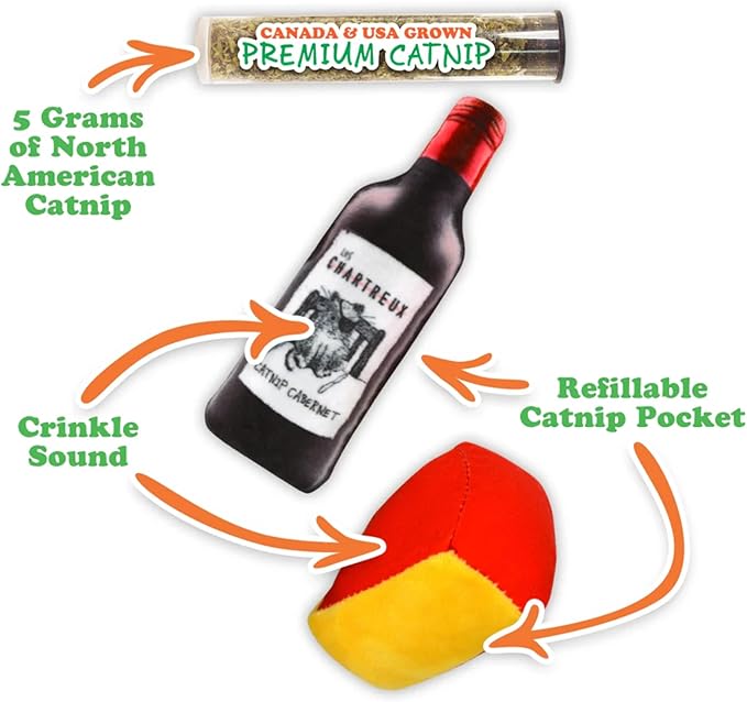Meowijuana Refillable Cat Toys | Get Paired - Wine and Cheese Catnip Toys | Includes Potent Hand Harvested Catnip Grown in North America | Promotes Play and Cat Health