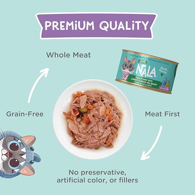 LOVE, NALA - Tuna Flaked with Carrot & Green Pea in Broth - 24 Pack, 4.8 lbs - Natural Adult Cat Wet Food Flaked -Grain Free, Non-GMO, Lean Protein, Added Minerals & Vitamins
