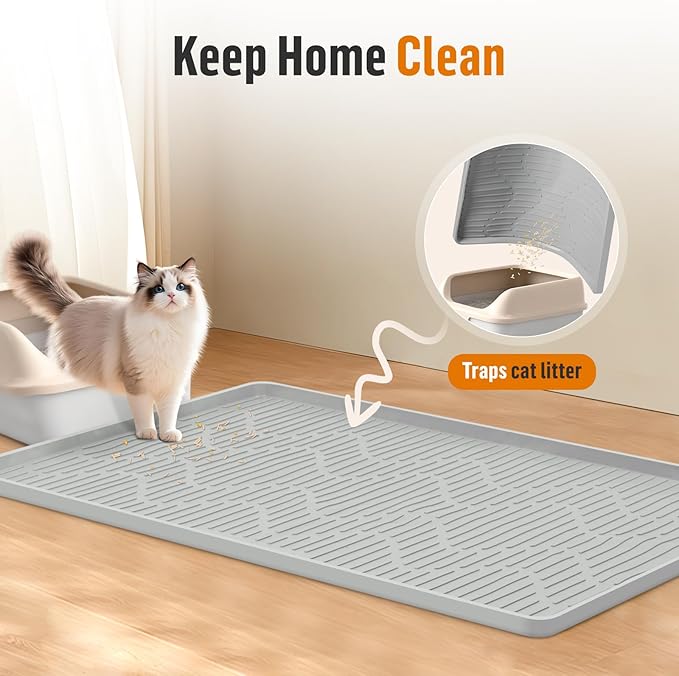Silicone Cat Litter Mat, 34" x 20" Large Cat Litter Box Mat Litter Trapping Mat for Scatter Control, Waterproof, Soft on Kitty Paws, Clean Floor (Grey)