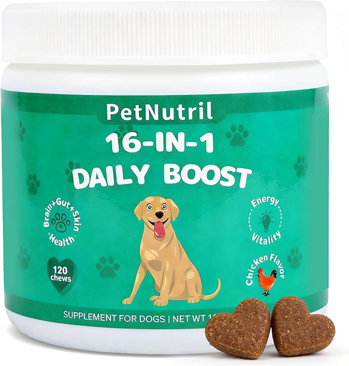 Dog Vitamins and Supplements, 16 in 1 Multivitamins Essential Dog Vitamin Minerals Chewable with Omega-3 Fish Oil Glucosamine Probiotics for Pet Hip Joint Skin Coat Digestion Health, 120 Chews