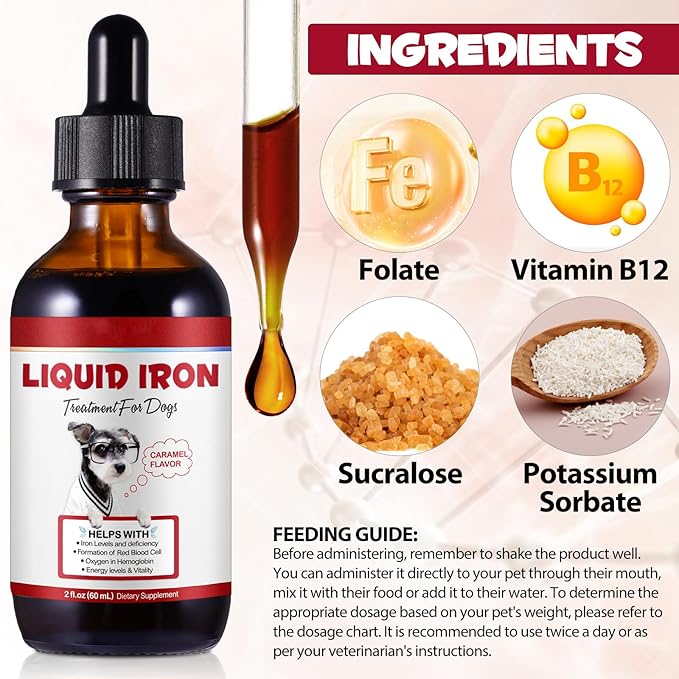 Iron Supplements for Dogs, Liquid Iron for Dogs with Folate and B12 Supports Anemia, Supplement for Anemia, Promotes Blood Health 2 oz