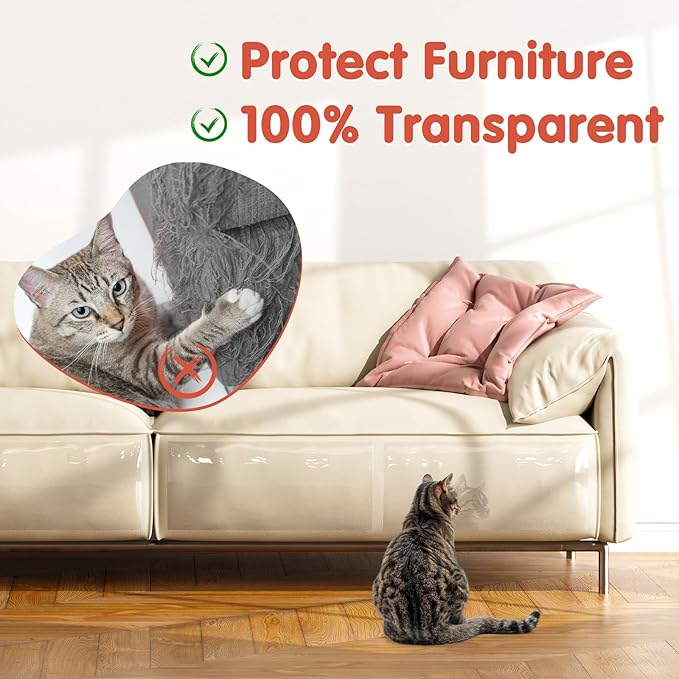 12 PCS Large Cat Scratch Furniture Protector, Transparent Couch Protector from Cat Claws, Single-Sided Self Adhesive Anti Pet Deterrent Sofa Cover, 17IN