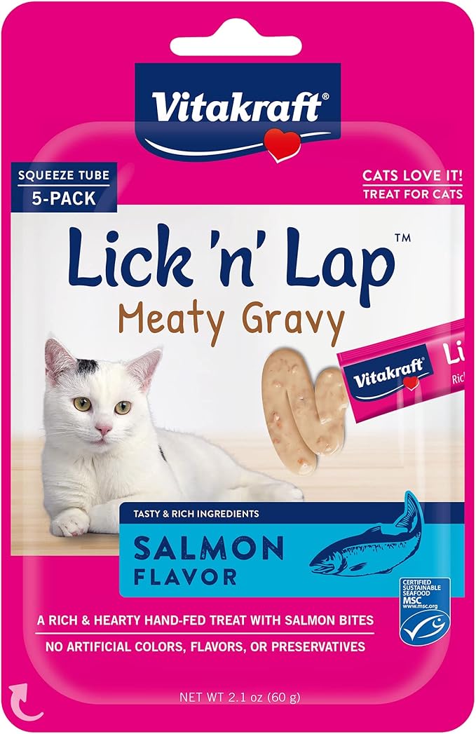 Vitakraft Lick 'n' Lap Meaty Gravy Cat - Salmon - Great for Bonding - Low Calorie Wet Cat Treat - 5 Pack