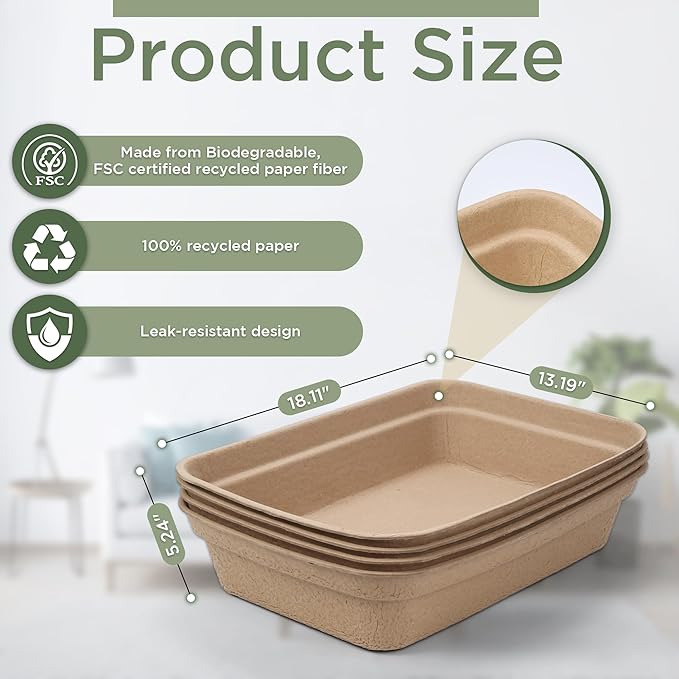 EcoVerde Pets & Co. Disposable Cat Litter Boxes 4-Pack, Large 18.1” x 13.2” x 3.9”, Leak-Resistant Recycled Paper Tray for Indoor or Travel Use