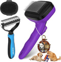 3PC Dog Brush Kit - Self-Cleaning Slicker Brush with Bath Brush & Undercoat Rake | Deshedding Tools for Large - Small Dogs & Cats, Professional Pet Grooming Set for Heavy Shedding, Purple