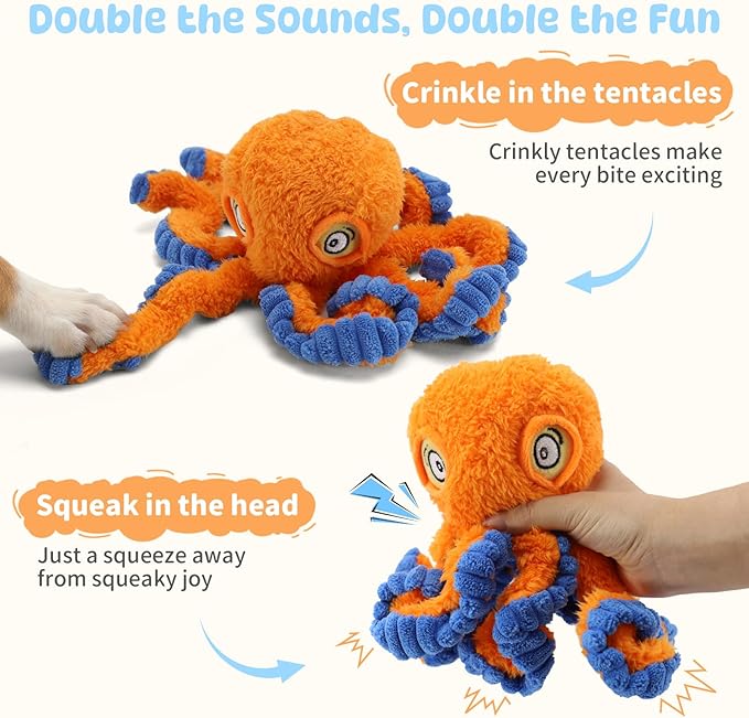 Squeaky Dog Toy for Puppy Teething, Plush Octopus Dog Toy, Puppy Chewing Toy, Soft Stuffed Chew Toys for Small Dogs Training and Keep Them Busy, Orange