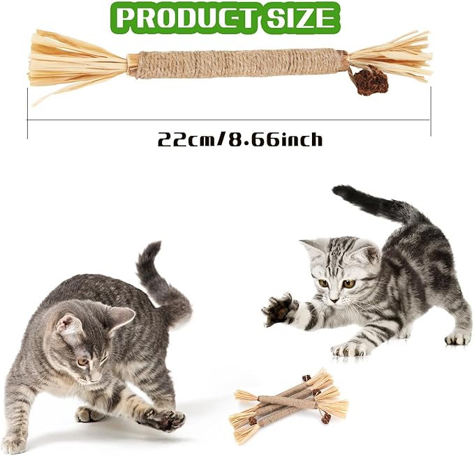Interactive Cat Catnip Chew Toys, Natural Silvervine Teething Sticks, Jute Rope Wrapped Dental Care with Raffia Tassels (3Pcs Tiny)