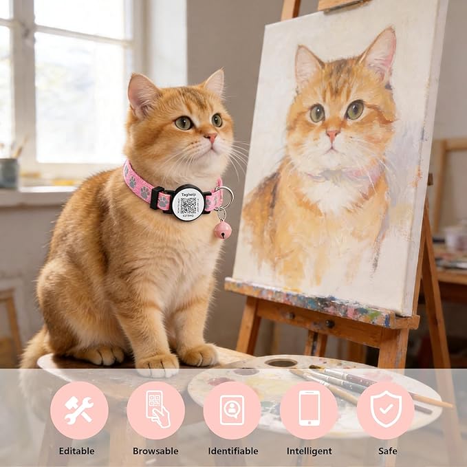 Cat Collar Breakaway with QR Code Name Tag, Reflective Kitten Collars with Bell, Cat ID Tag Personalized, Ultra-Durable, Adjustable, Quick Release, Fits Most Girl Boy Small Large Cats (Pink)