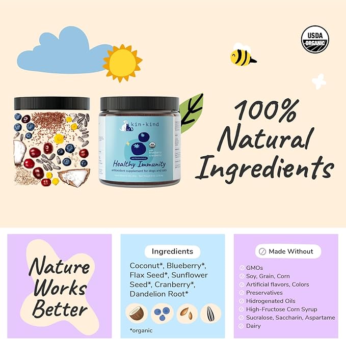 kin+kind Pet Vitamins and Supplements - Immune Support Supplement for Dogs & Cats - Natural Dog Supplements & Cat Supplements w/Organic Ingredients for Healthy Immunity - Made in USA - 8 oz (Large)