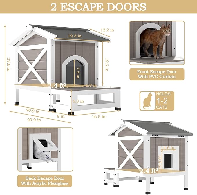 Cat House with Dual Escape Doors,Fir Wood Feral Cat Shelter for 1-2 Cats with Large Balcony,Weatherproof Feral Cat Enclosure with Elevated Floor|Openable Roof for Indoor Outdoor,Grey