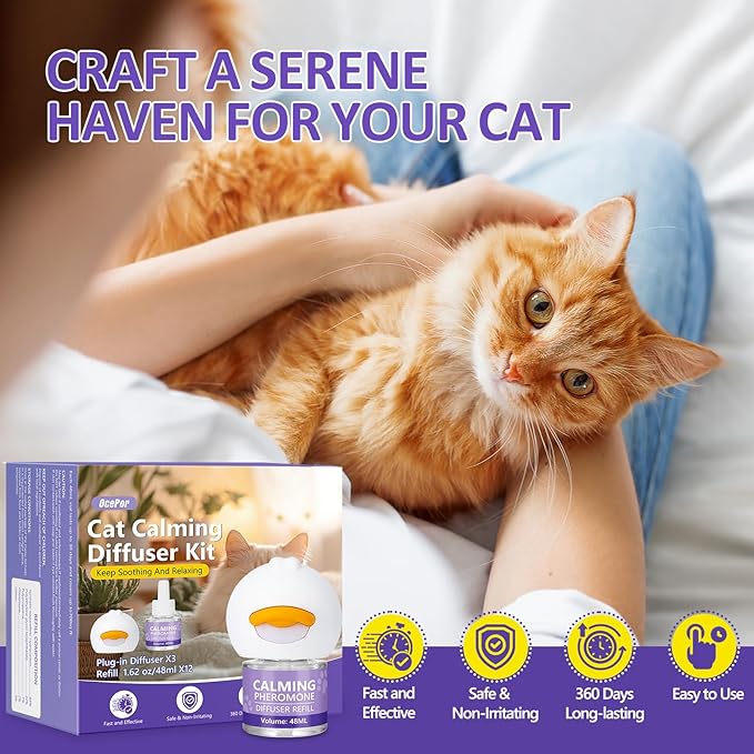OcePor Cat Calming Diffuser 12 Refill Solutions,3 Plugs- Cat Pheromones Calming Diffuser Refill,pheromone Diffuser to Calm Cats,Cat Anxiety Relief