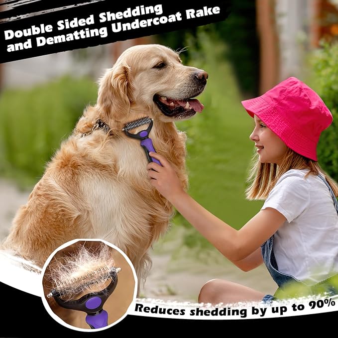3PCS Self Cleaning Slicker Brush & Pet Grooming Rake & Flea Comb for Dogs,Cats and Horses | Double-Sided Dematting Comb & Skin Friendly Deshedding Grooming Tool | Premium Pet Supplies (Purple)