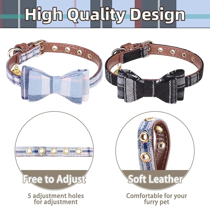 PUPTECK Puppy Collar with Bell XXS Dog Collar Charm Adjustable Bowtie Soft Leather for Cats Kittens Extra Small Dogs 2 Packs