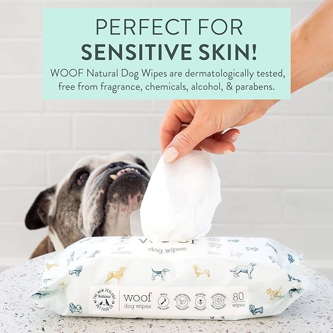 Woof Dog Wipes - Pet Wipes for Dogs with Manuka Honey, Gentle for Body,Eyes,Ears & Paws - 80 Counts-26.5 oz